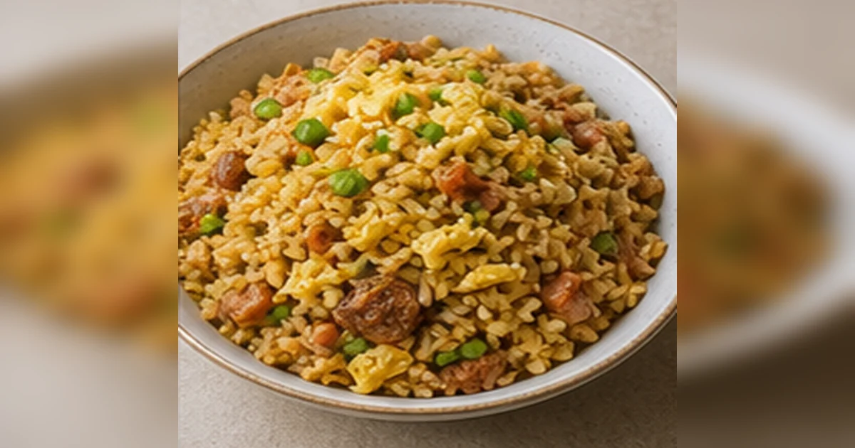 Arroz chaufa peruano servido en una mesa de cocina peruana