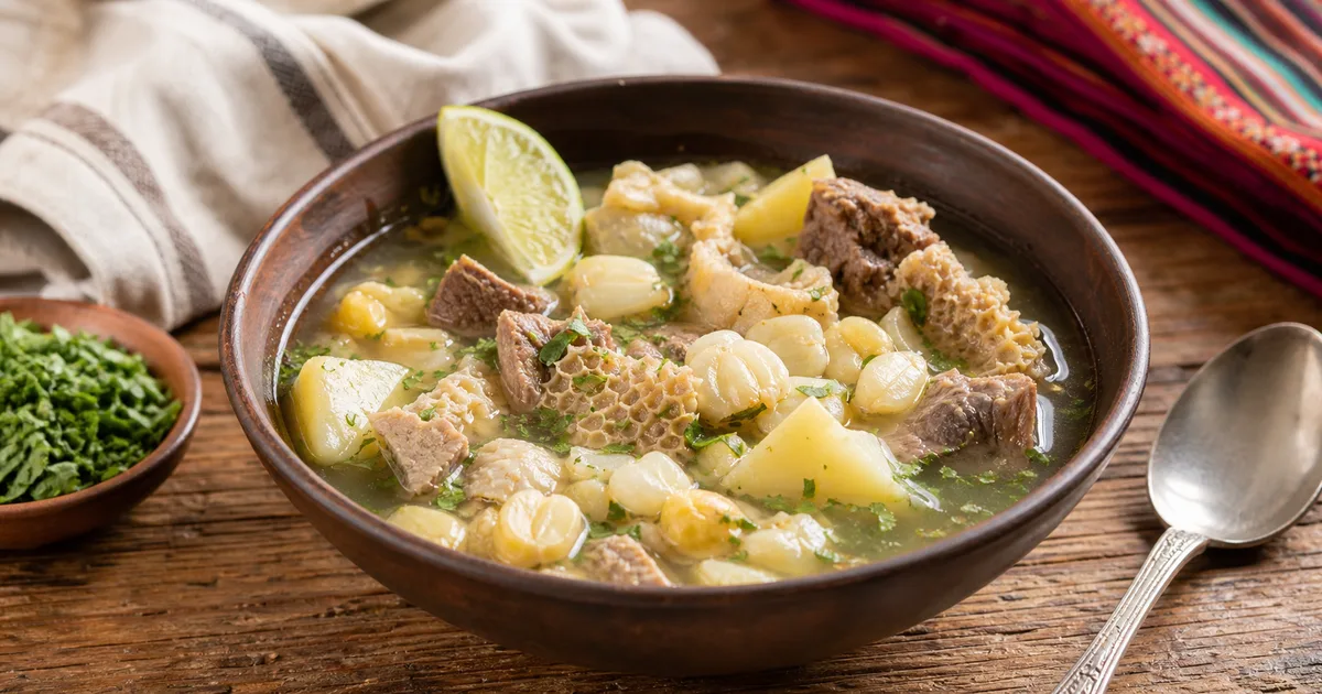Caldo de mote in una ciotola con mais, patate, carne ed erbe fresche