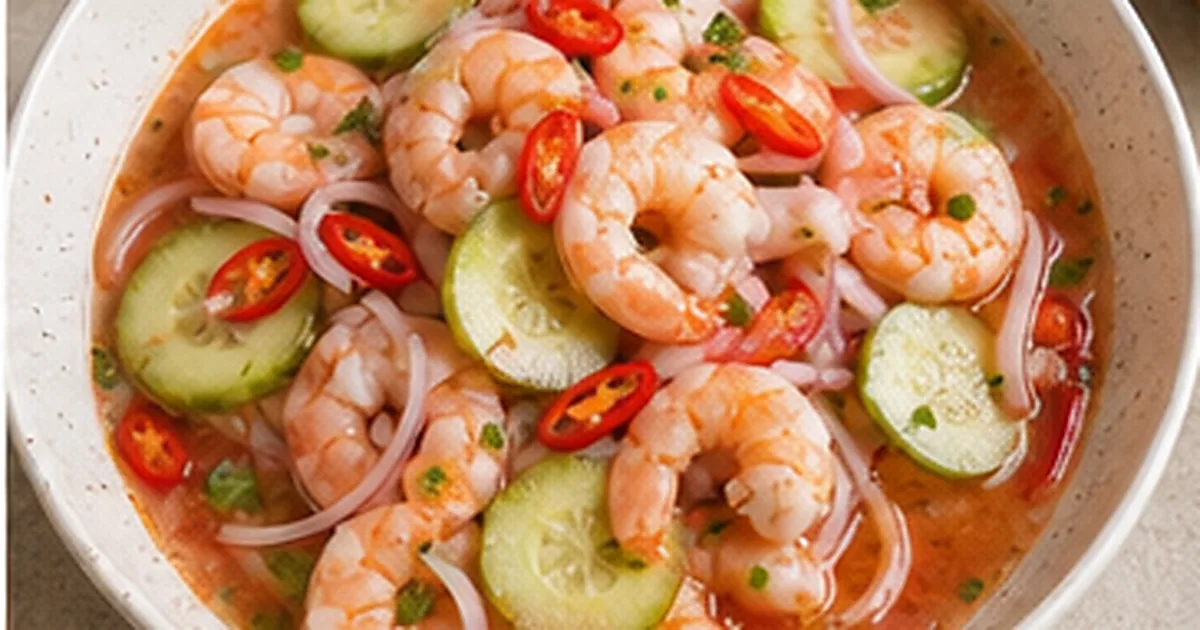 Camarones en aguachile rojo servido en una mesa de cocina casera