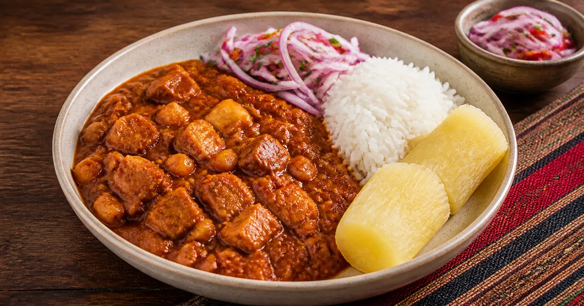 Carapulcra peruana de papa seca y cerdo servida con arroz, yuca y salsa criolla