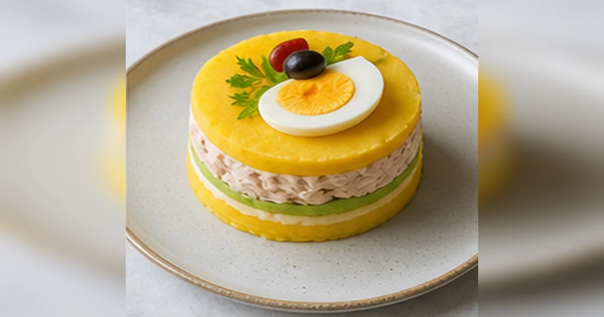 Causa limeña servido en una mesa de cocina peruana