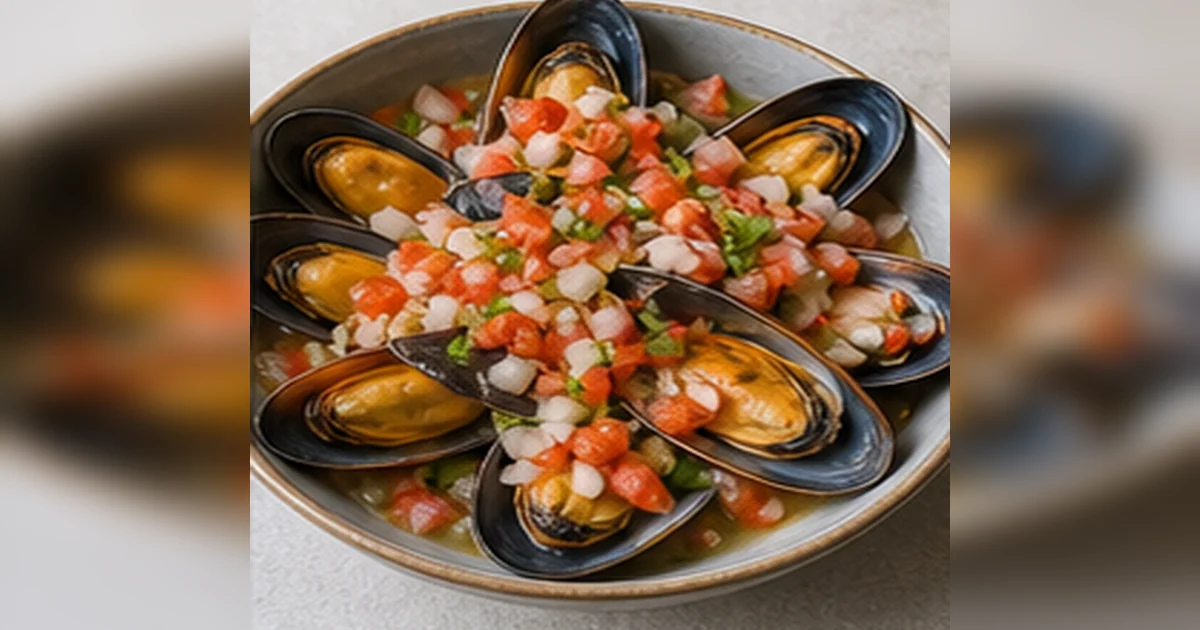 Choritos a la chalaca servido en una mesa de cocina peruana