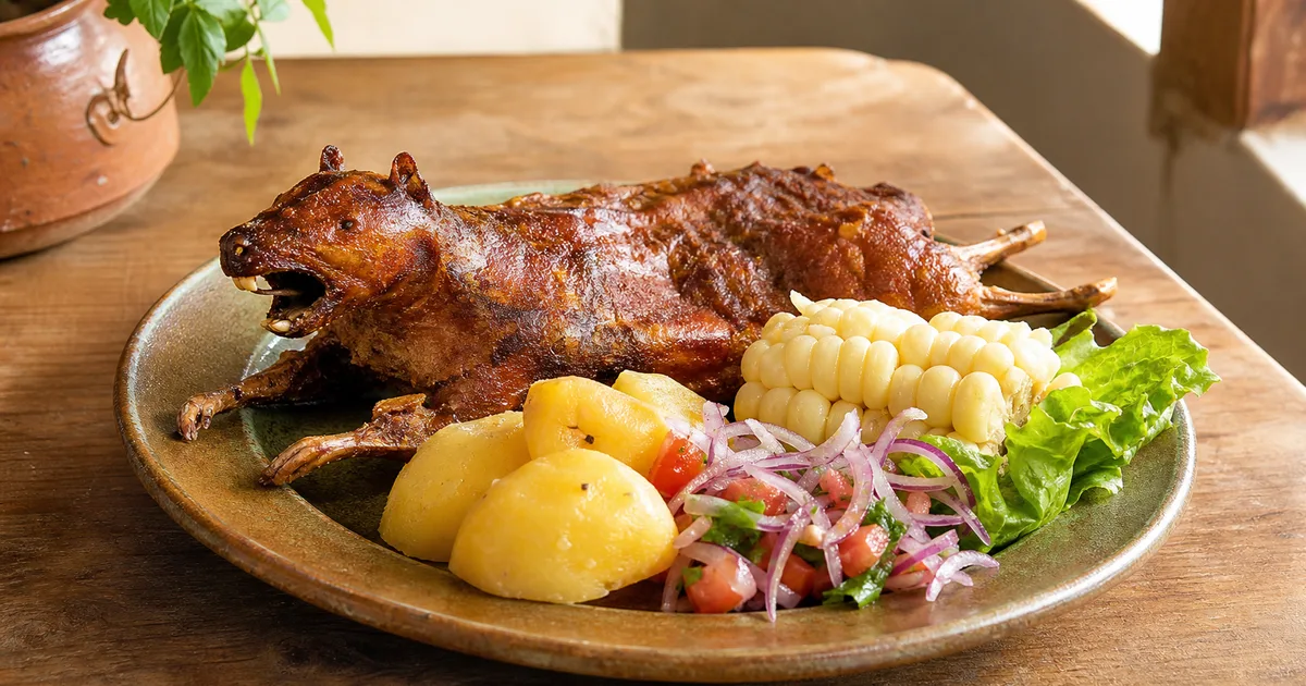 Cuy chactado péruvien servi avec pommes de terre, maïs et salsa criolla