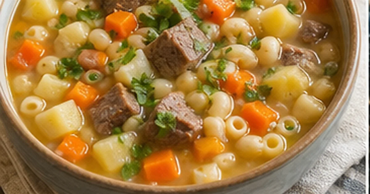 Menestron peruano servido en una mesa de cocina casera