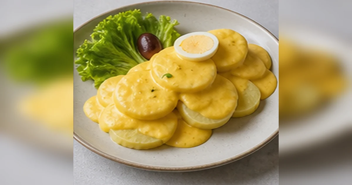 Papa a la Huancaina mit cremiger gelber Sauce, hartgekochten Eiern und Oliven
