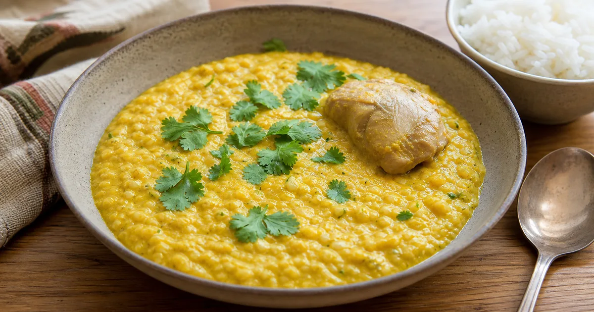 Pepián de choclo servido con arroz en una mesa de cocina peruana