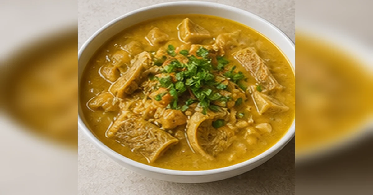 Receta de cau cau servido en una mesa de cocina peruana