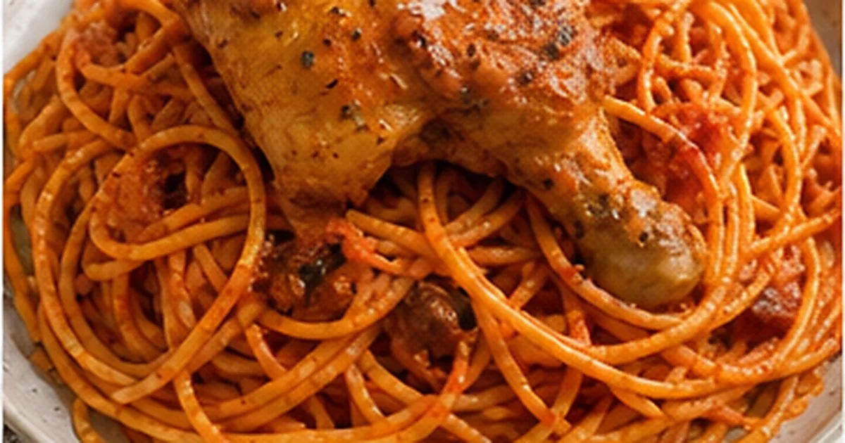 Receta de tallarines rojos servido en una mesa de cocina casera