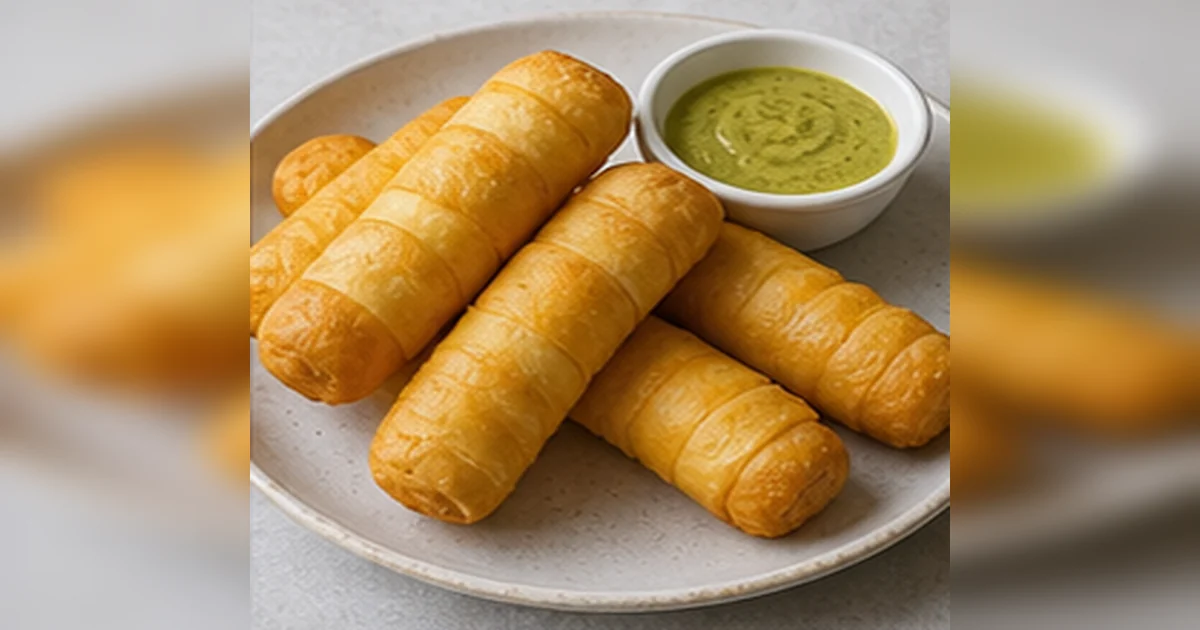 Receta de tequeños peruanos servido en una mesa de cocina peruana