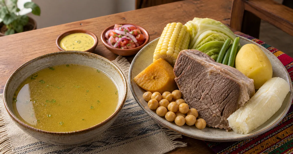 Sancochado peruano con caldo de res, carne, papa, yuca, choclo, col y garbanzos servidos aparte