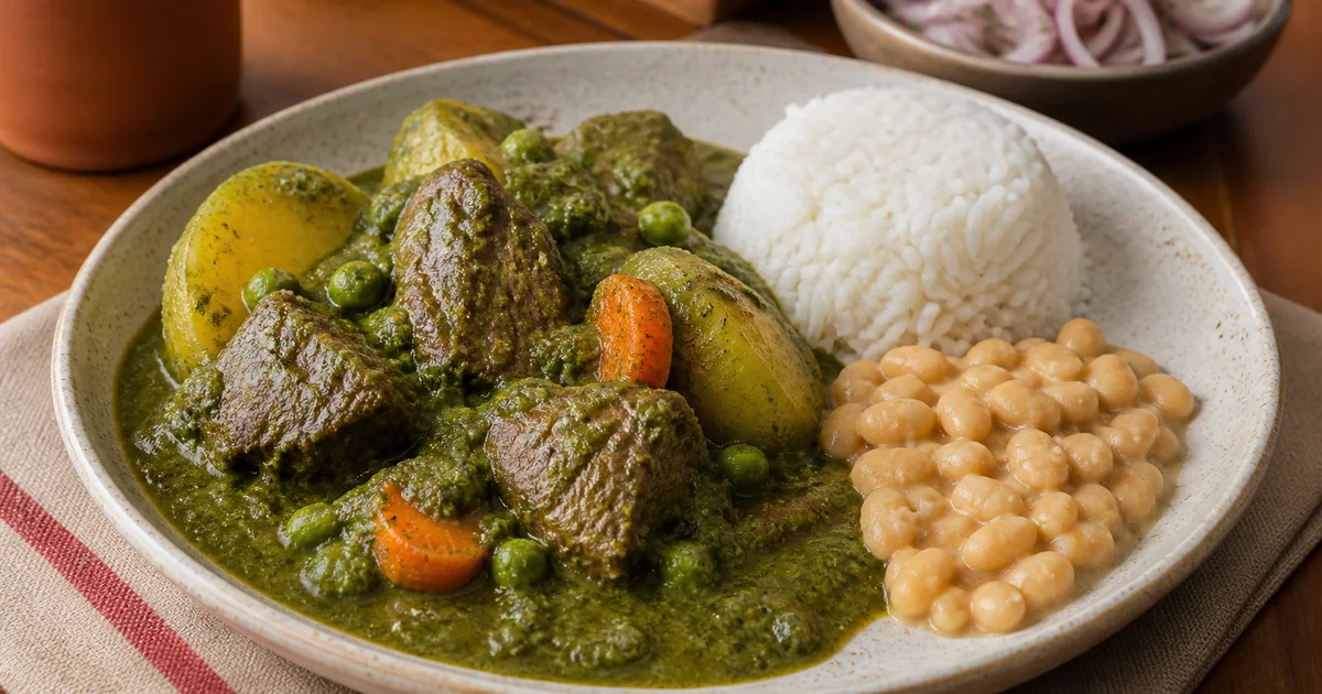 Seco de res peruano con papas, arvejas y zanahoria servido con arroz y frejoles