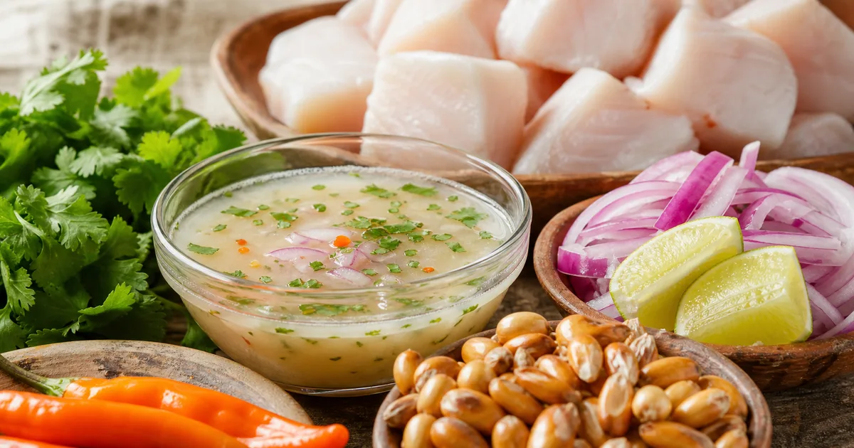 Leche de tigre peruana con limón, pescado, cebolla roja, ají y culantro
